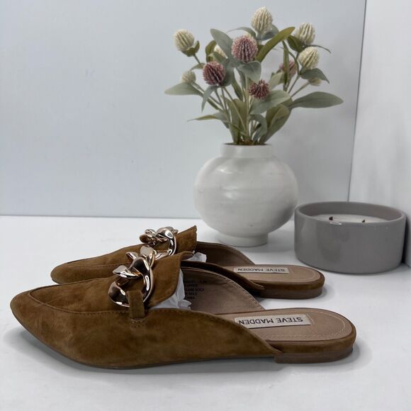 Steve Madden Finn Suede Chain Embellished Pointed Toe Mule Cognac Women's 6.5M - Picture 1 of 9